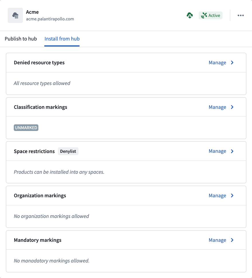 The Install from hub tab displaying the installation settings for a connected hub.