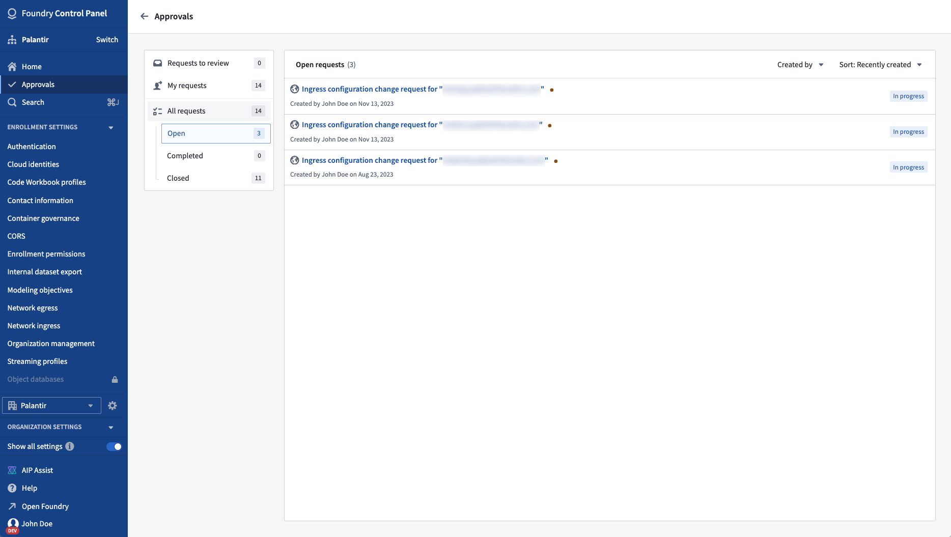 Control Panel Approvals inbox interface
