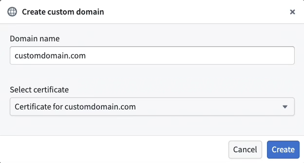The dialog for creating a new custom domain using an existing certificate