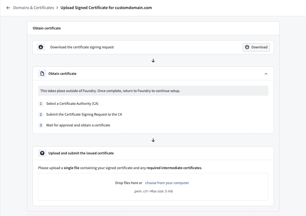 In-platform steps for downloading CSR, obtaining the signed certificate, and uploading back to Foundry.