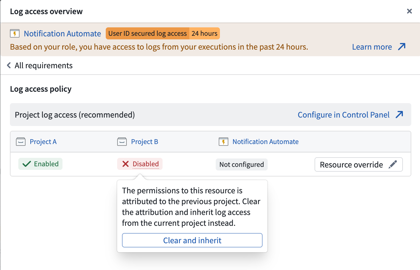 Clearing the attribution to a previous project to inherit log access from the current project.