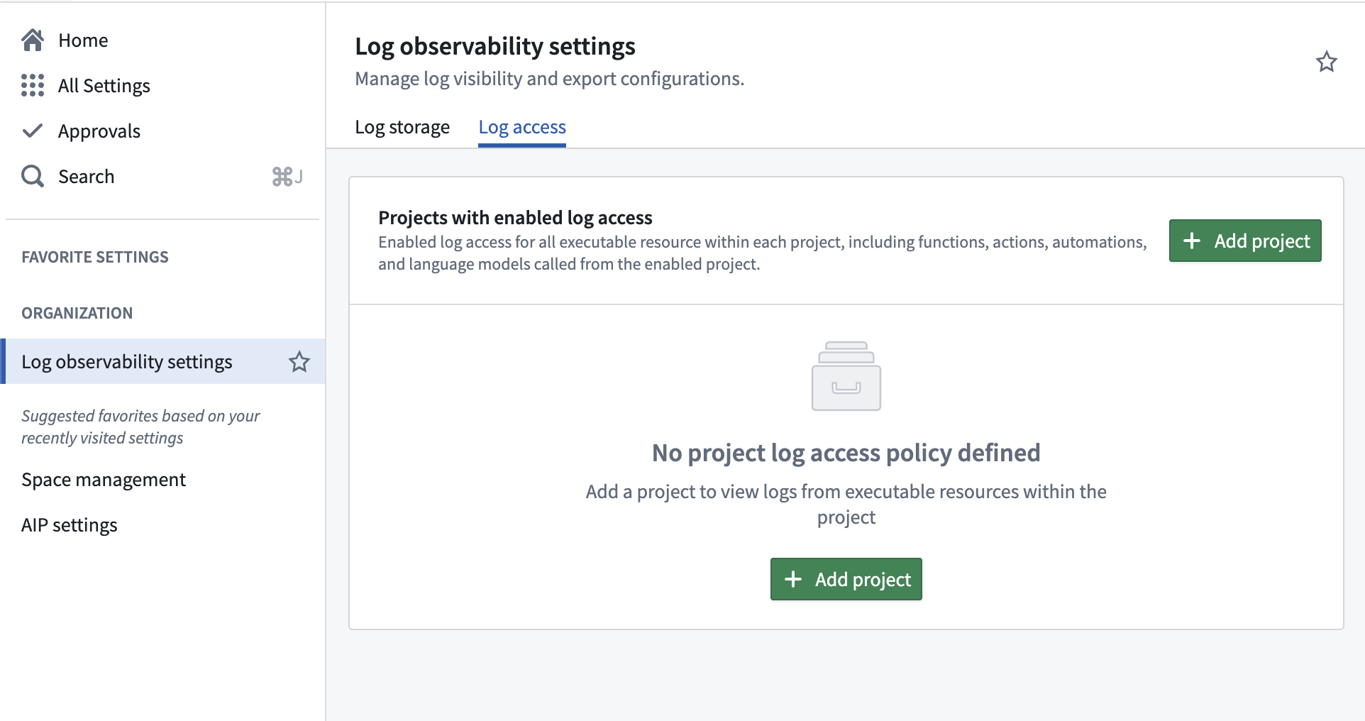 The log access tab displaying projects with enabled log reading permissions.