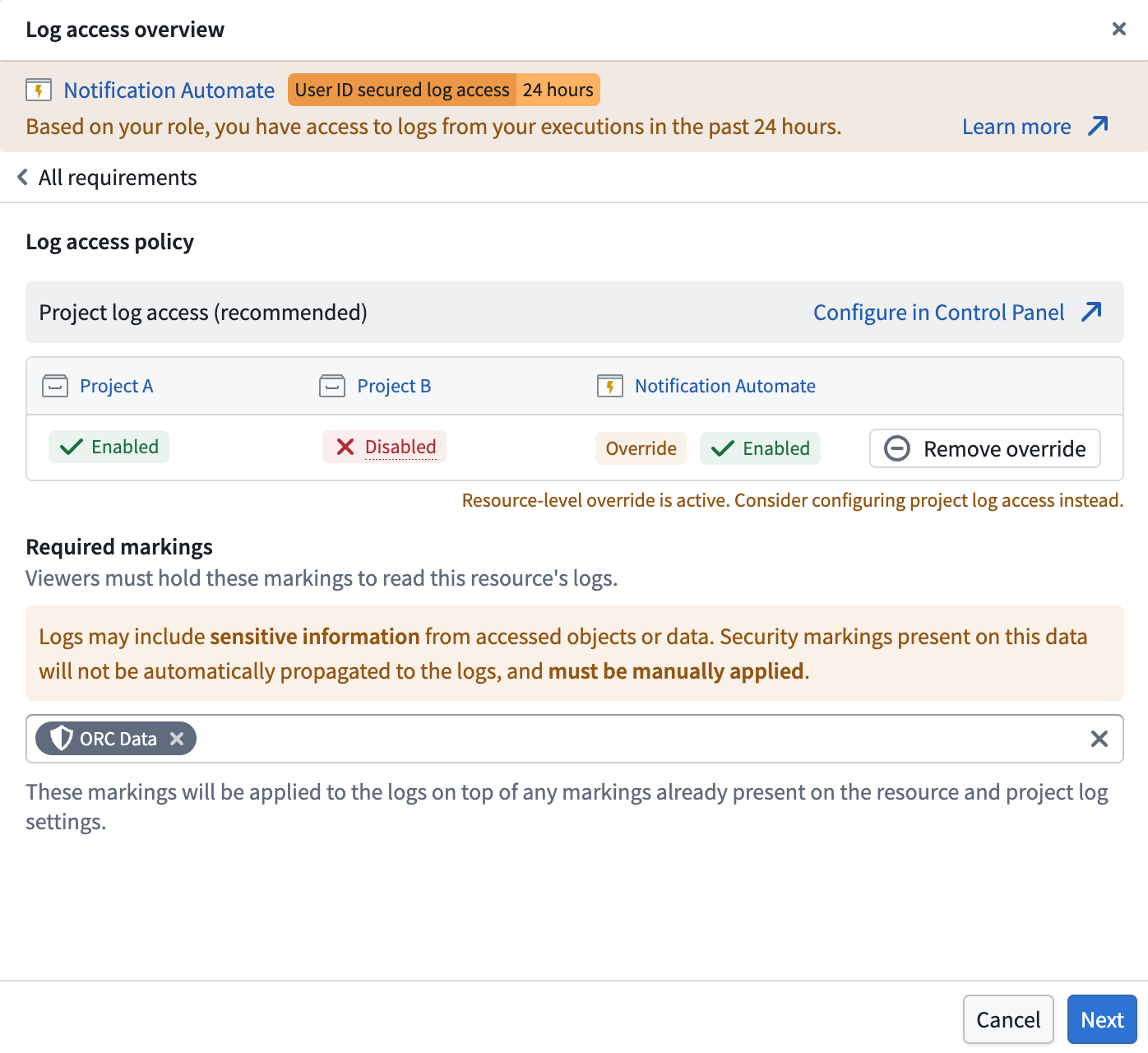 Configuring required markings for a resource-level log access override.