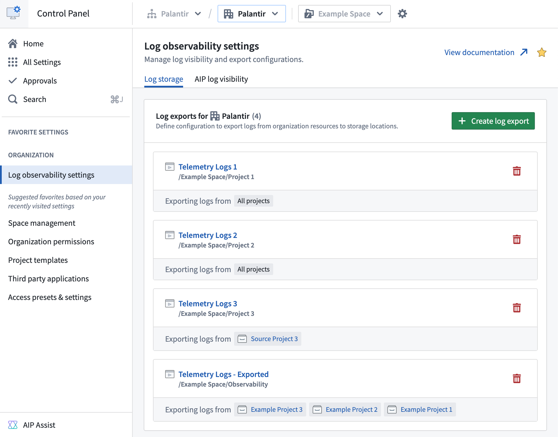 List of existing log export configurations including newly created configuration