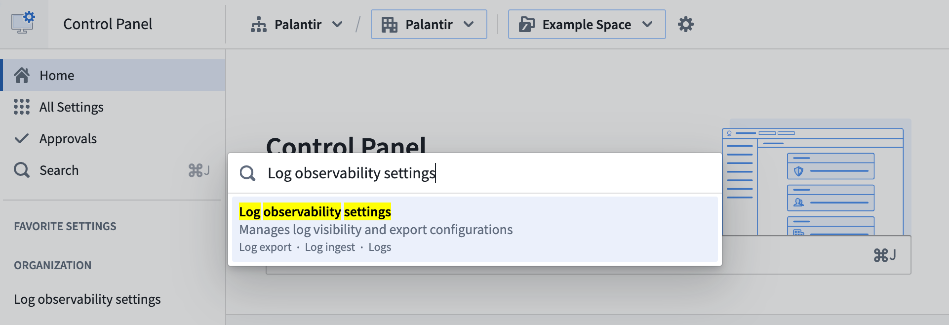 Search for log observability settings in Control Panel