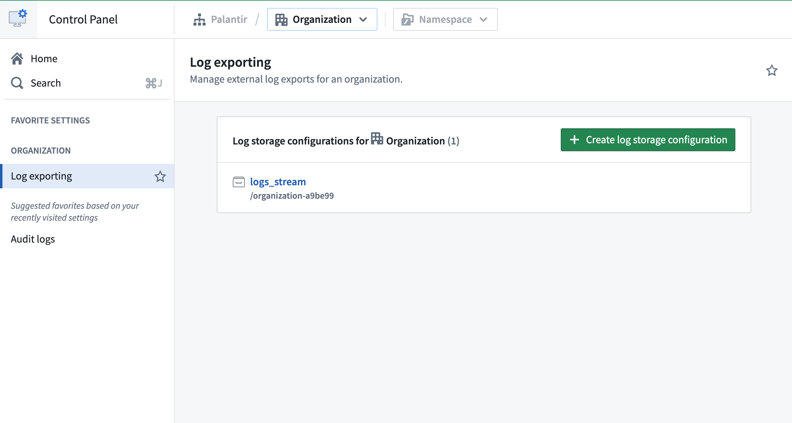 The Control Panel showing the Log Exporting section with the Create log storage configuration button.