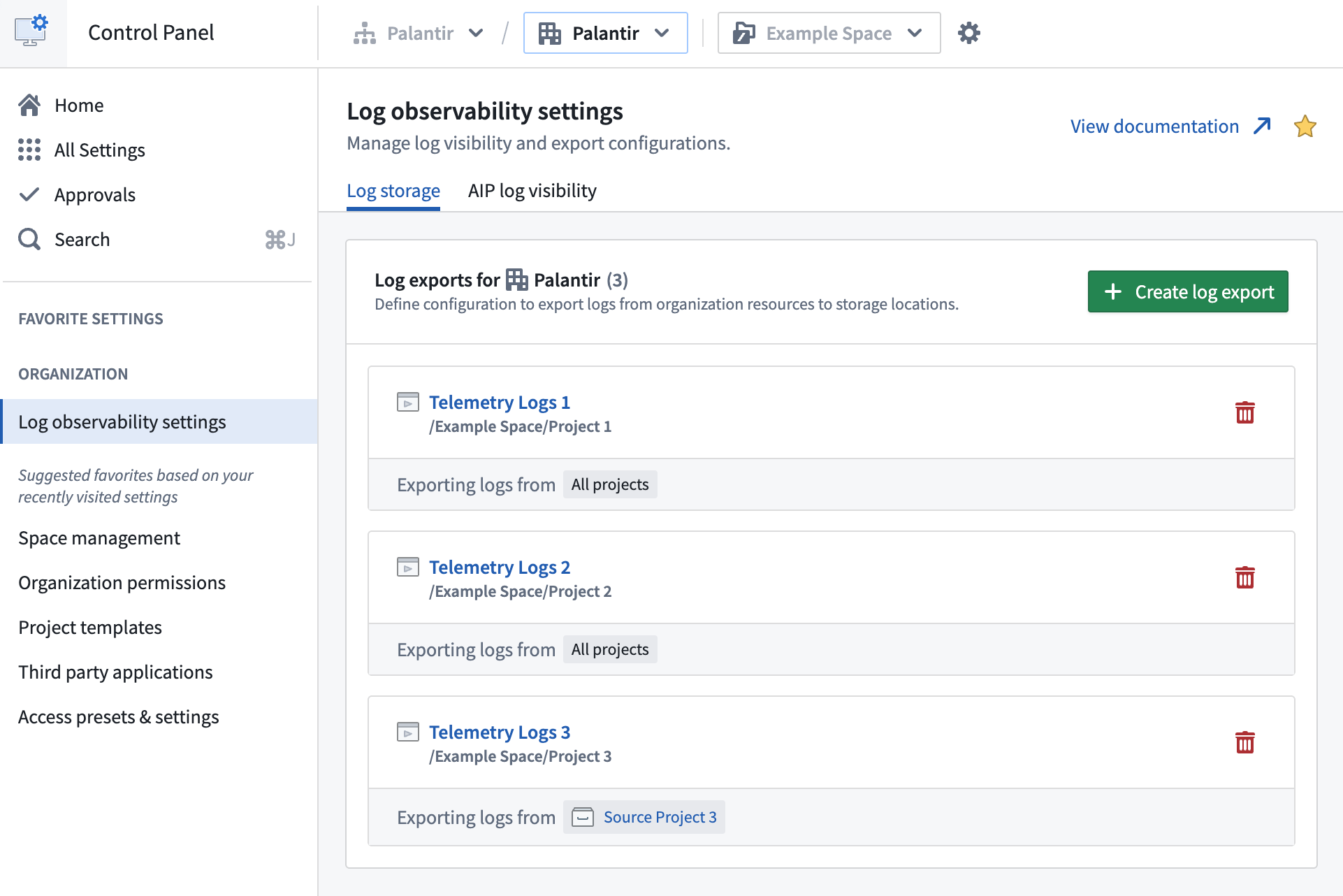 List of existing log export configurations with option to create log export