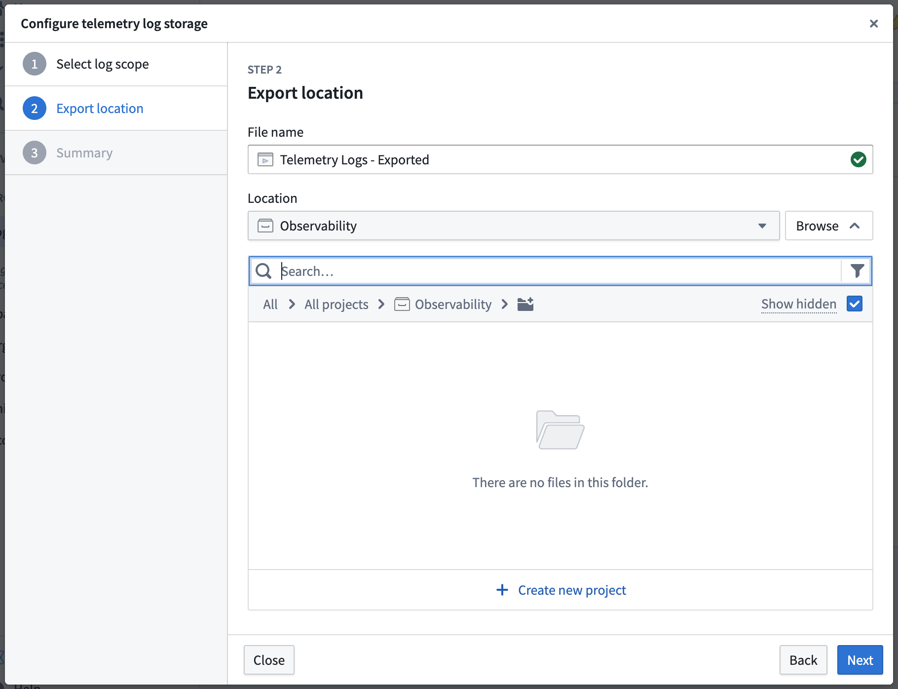 Select export location for streaming dataset