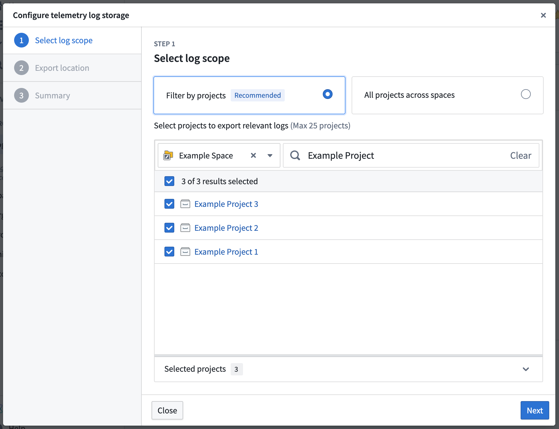 Select log scope by projects or all projects