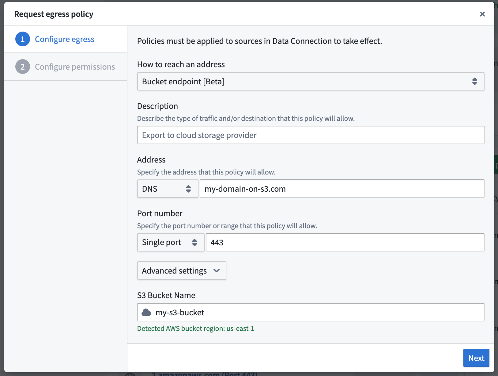 Dialog opened when creating and configuring a bucket endpoint policy
