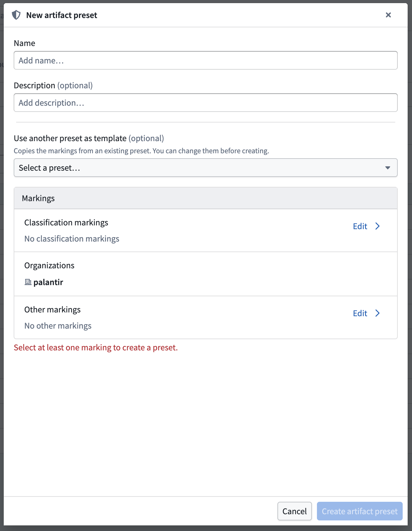 Create artifact preset dialog.