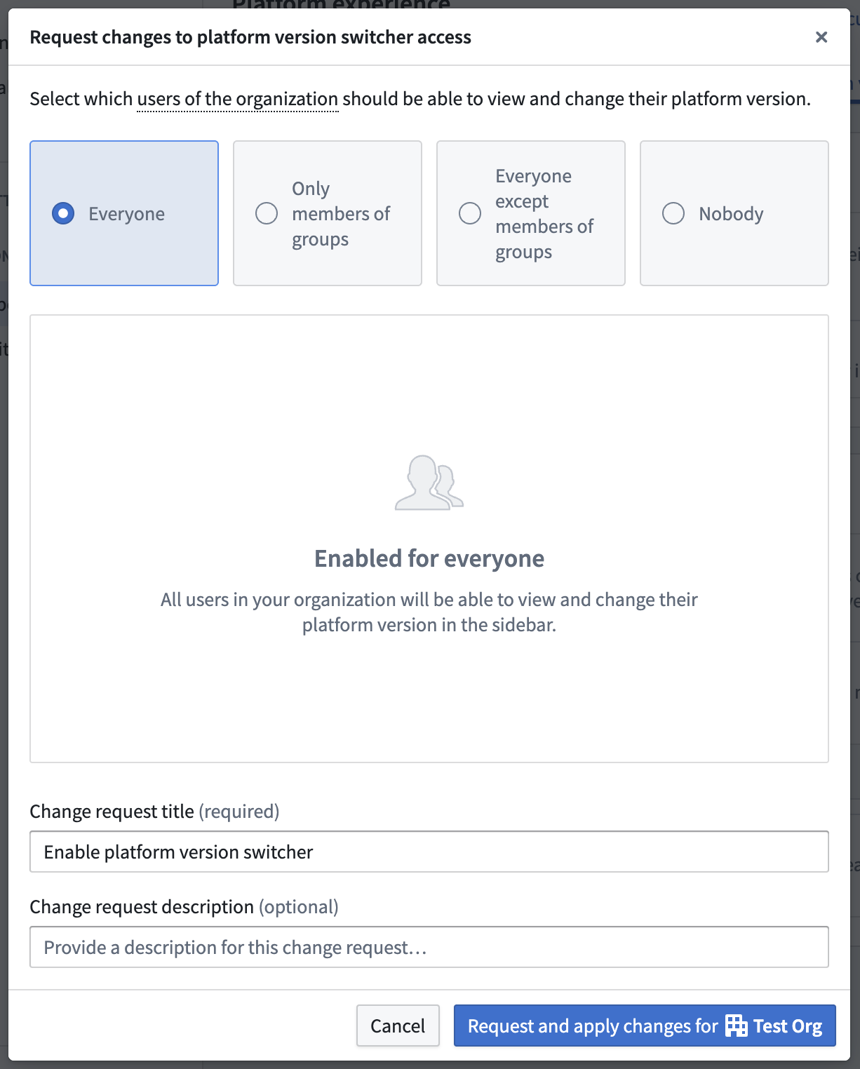 Platform version switcher dialog