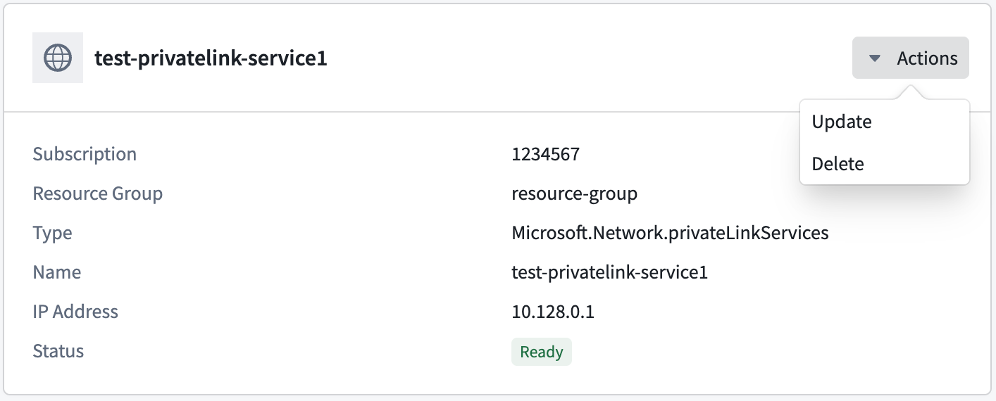 The Control Panel display of the menu for managing a private link through the details page.