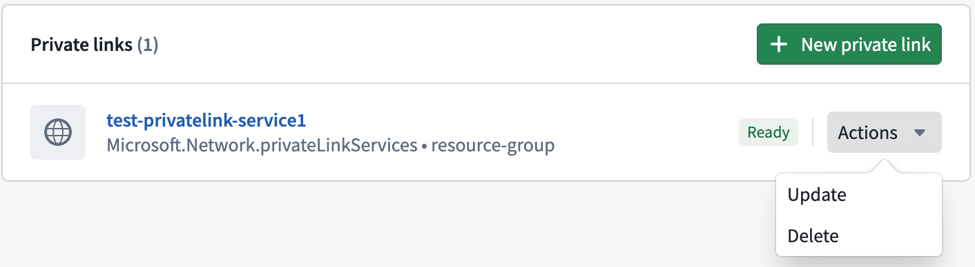 The Control Panel display of the menu for managing a private link through the overview page.