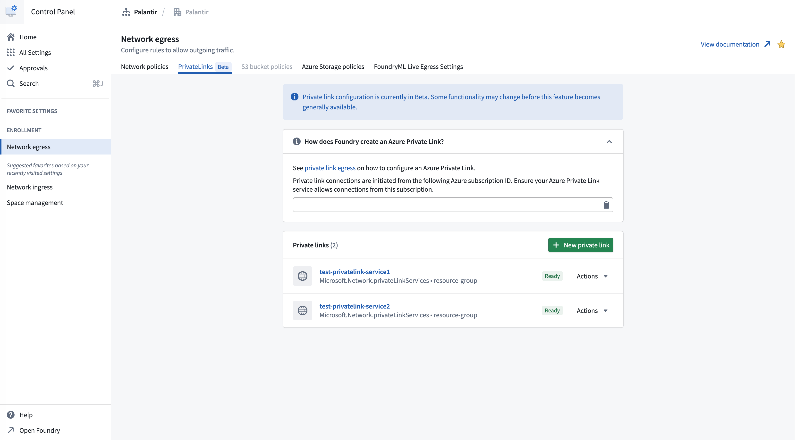 The Control Panel page for managing private links in Azure.