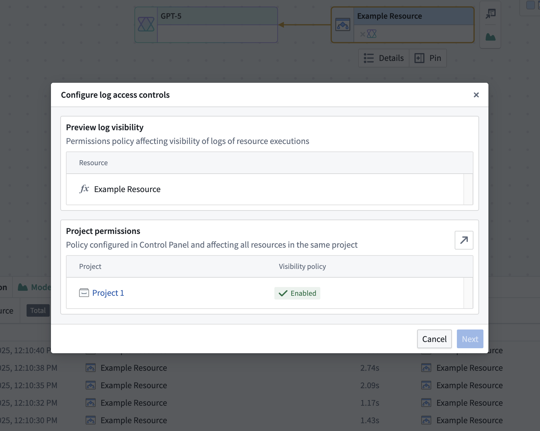 The platform interface showing the applied log access policy for the project.
