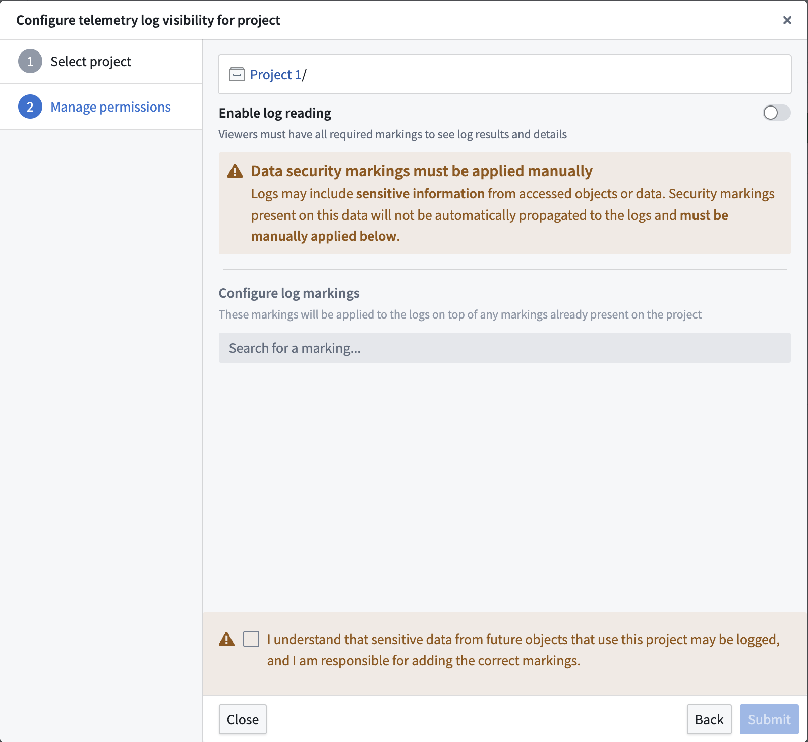 The confirmation dialog showing the selected project with options to enable log reading.