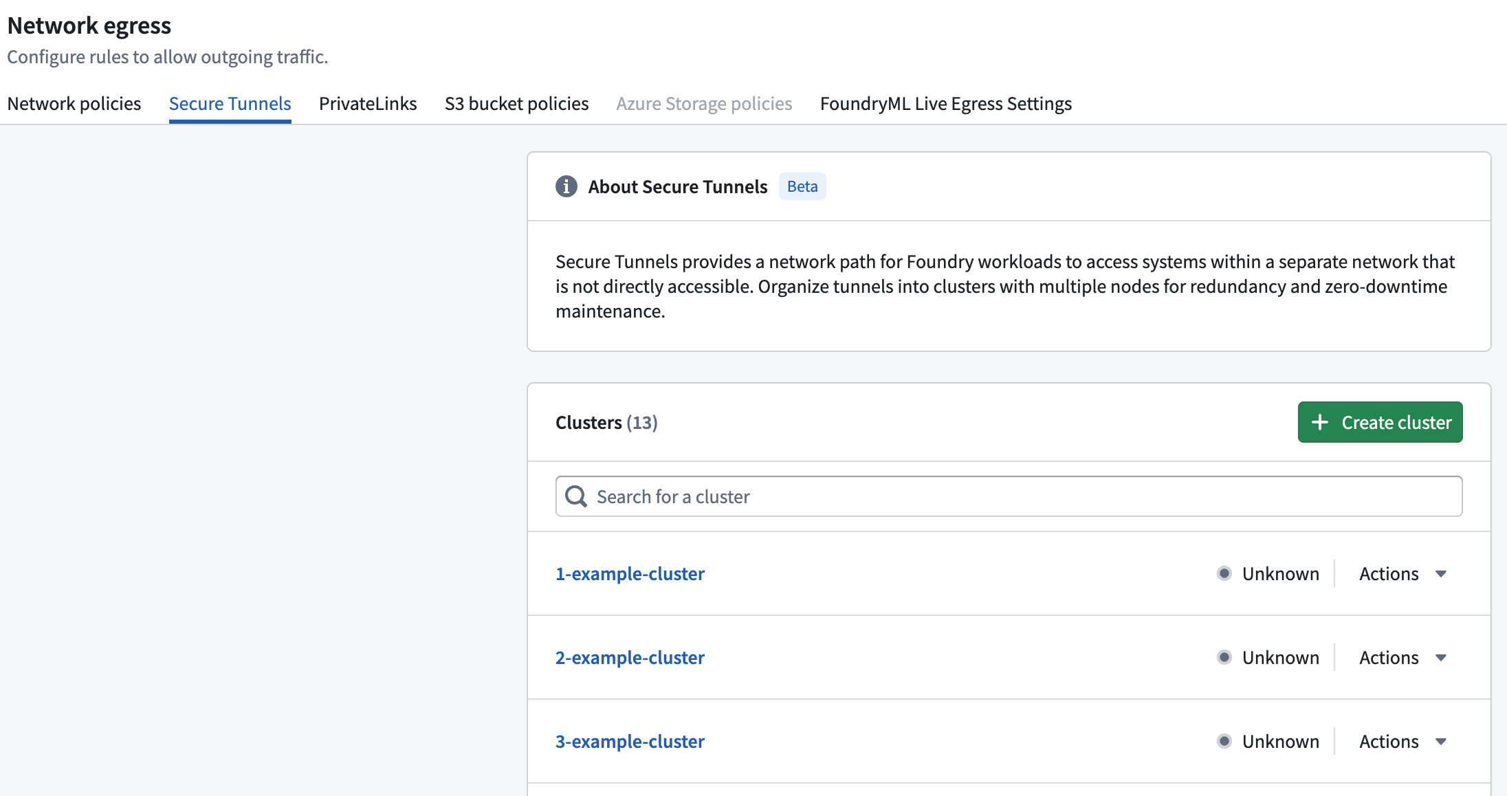 The secure tunnels tab in control panel, with the button for creating a new cluster.