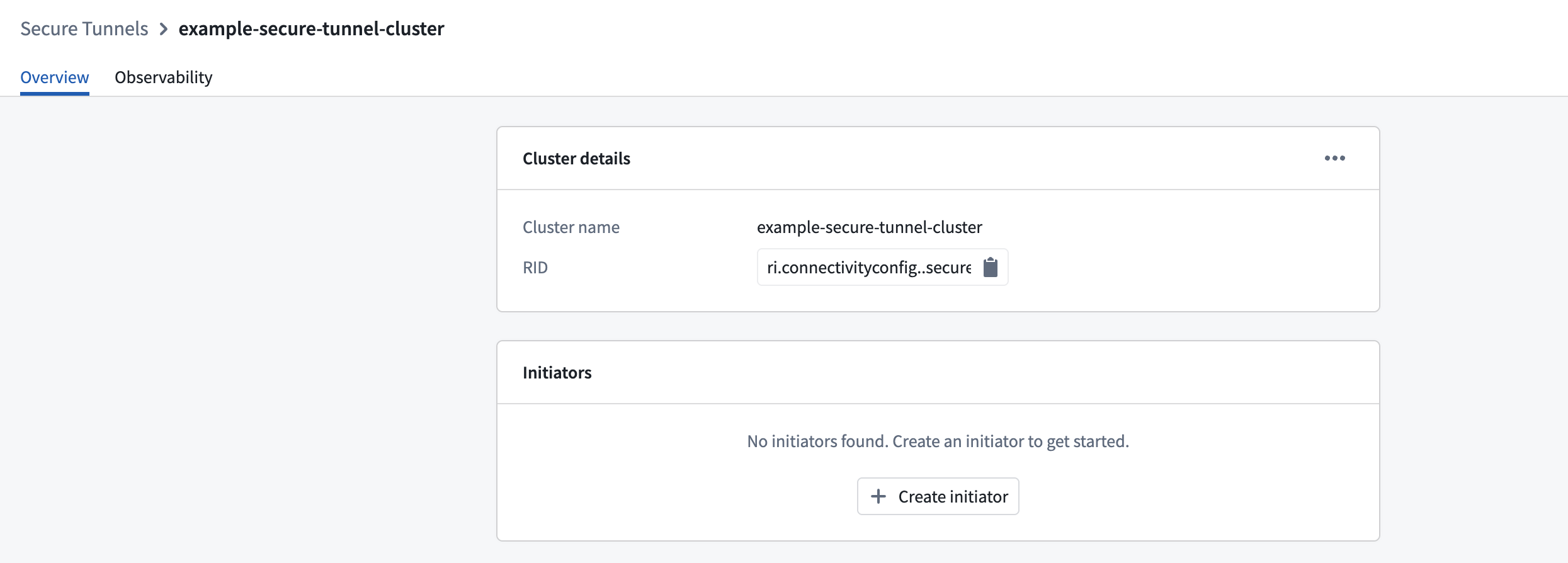 The secure tunnels cluster page with the button for creating a new initiator.