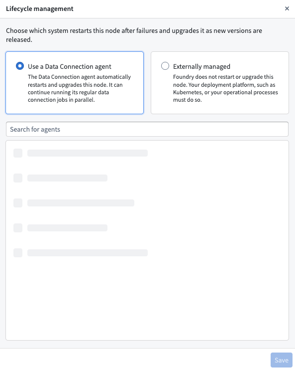 The Lifecycle management dialog for a secure tunnels node, with the option to use a Data Connection agent selected.