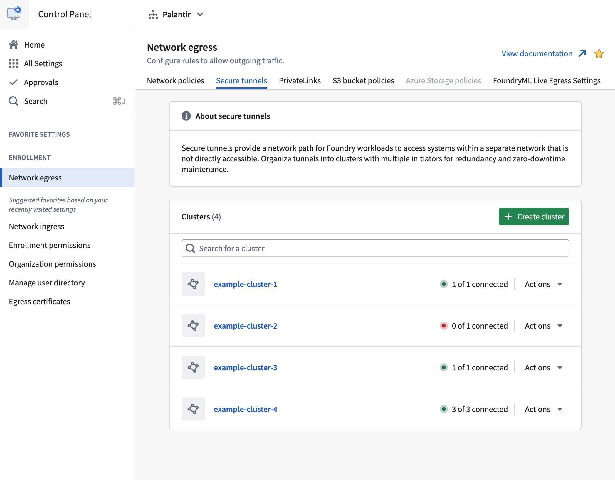 Control Panel の Secure Tunnels タブには、既存のクラスターと「クラスターを作成」ボタンが表示されます。