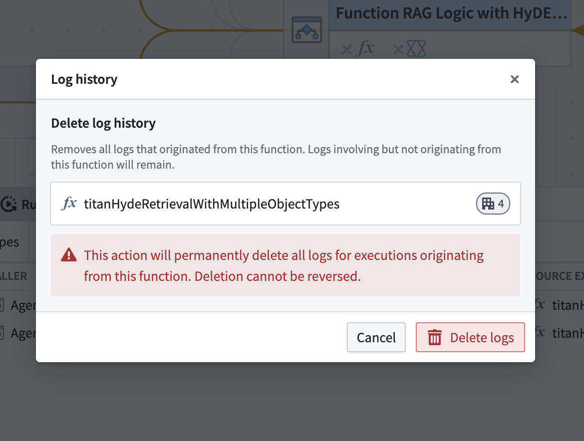 Workflow Lineage dialog confirming deletion of log history.