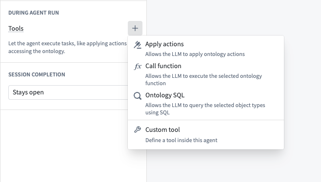 Add tool menu with Apply actions, Call function, Ontology SQL, and Custom tool options.