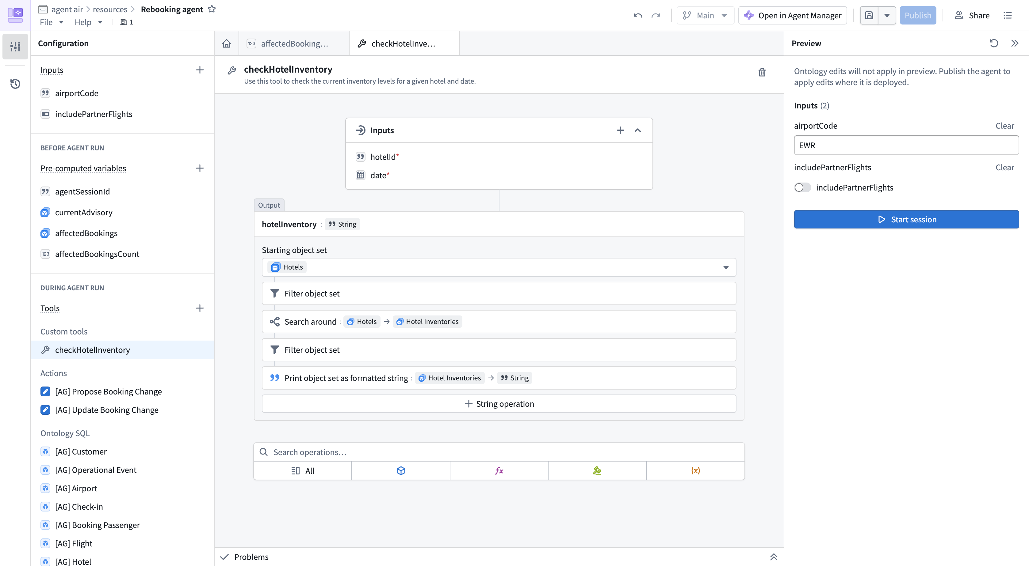 A custom hotel inventory tool in Agent Builder showing hotel ID and date inputs, a search of related inventory records, and a string output.