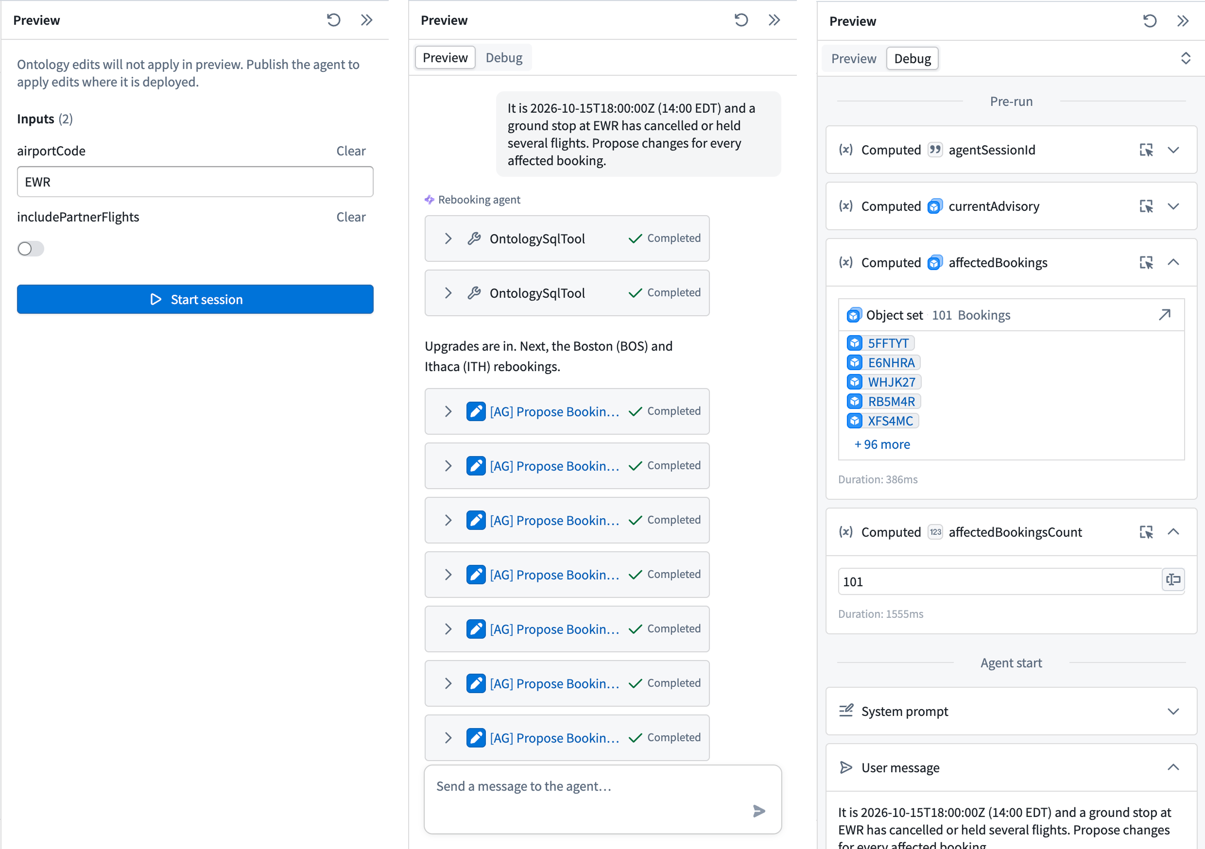 Three Agent Builder screenshots show the sample inputs, the Preview tab with completed tool calls and proposed booking changes, and the Debug tab with run details.