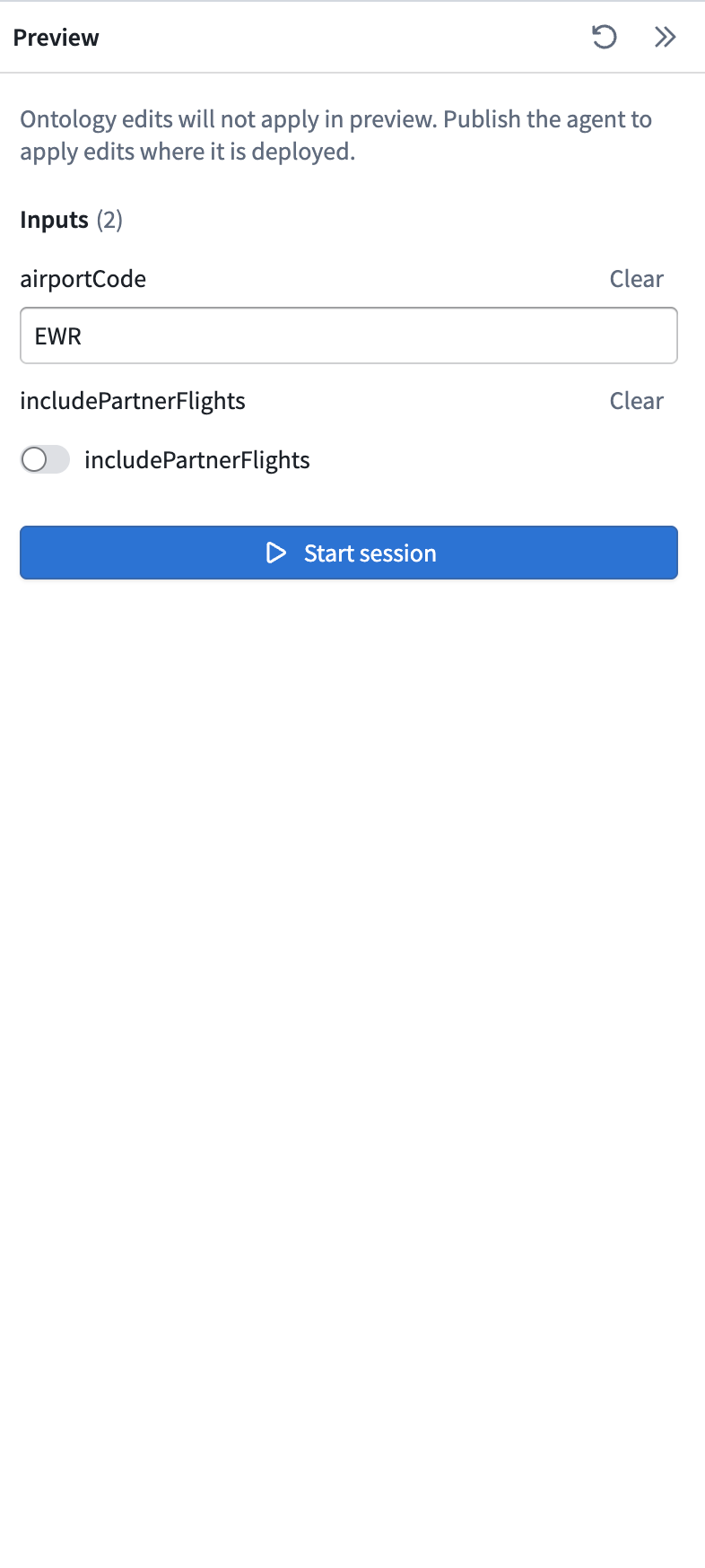 Preview panel with a sample airport code entered and the partner flights option turned off before starting a session.