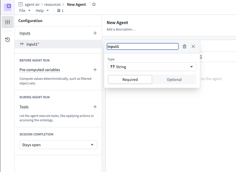 Input settings in a new agent showing the name, string type, and required or optional choice.