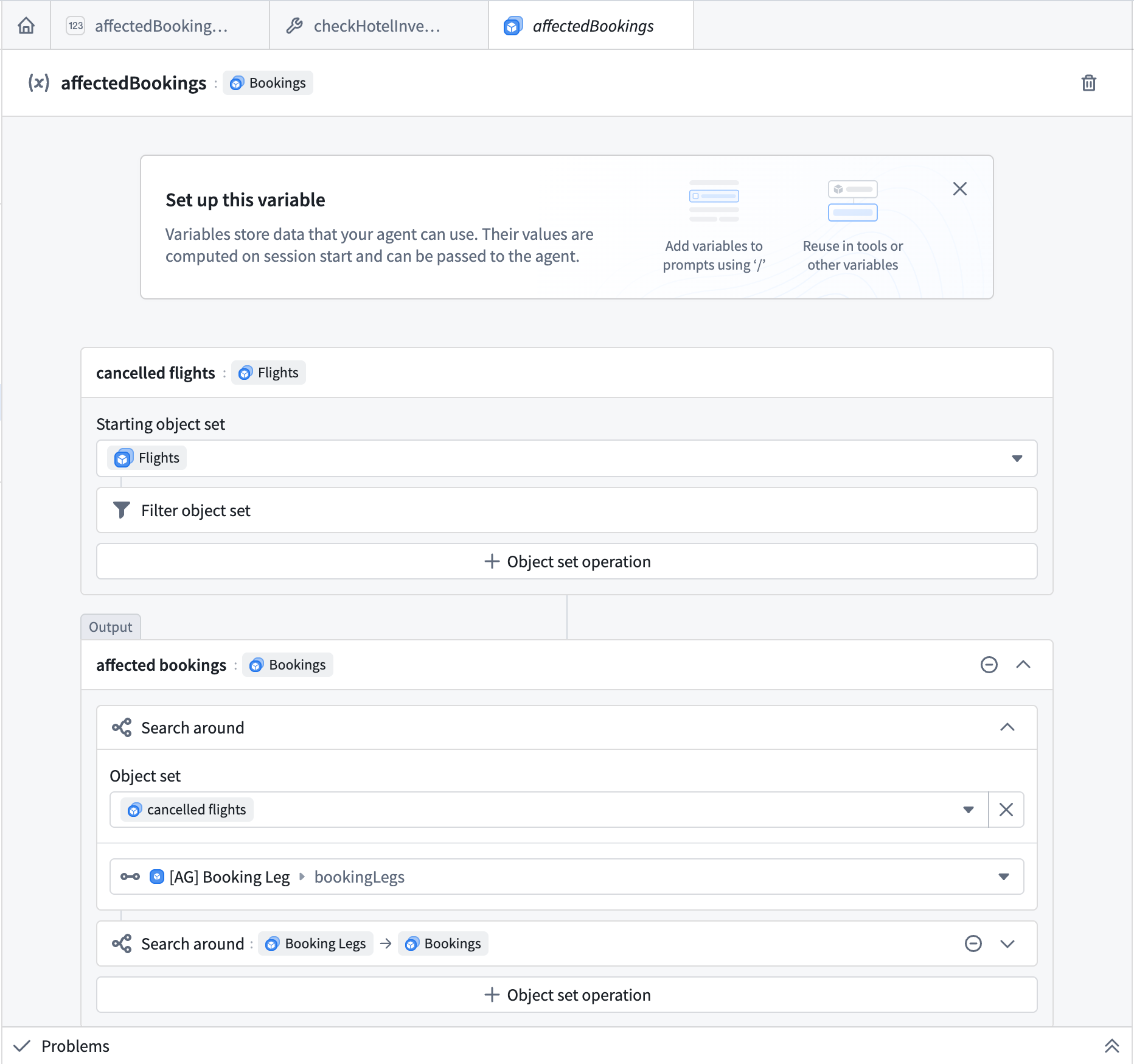 Variable editor with two chains. One filters flights, and the other searches from those flights through booking legs to produce bookings.
