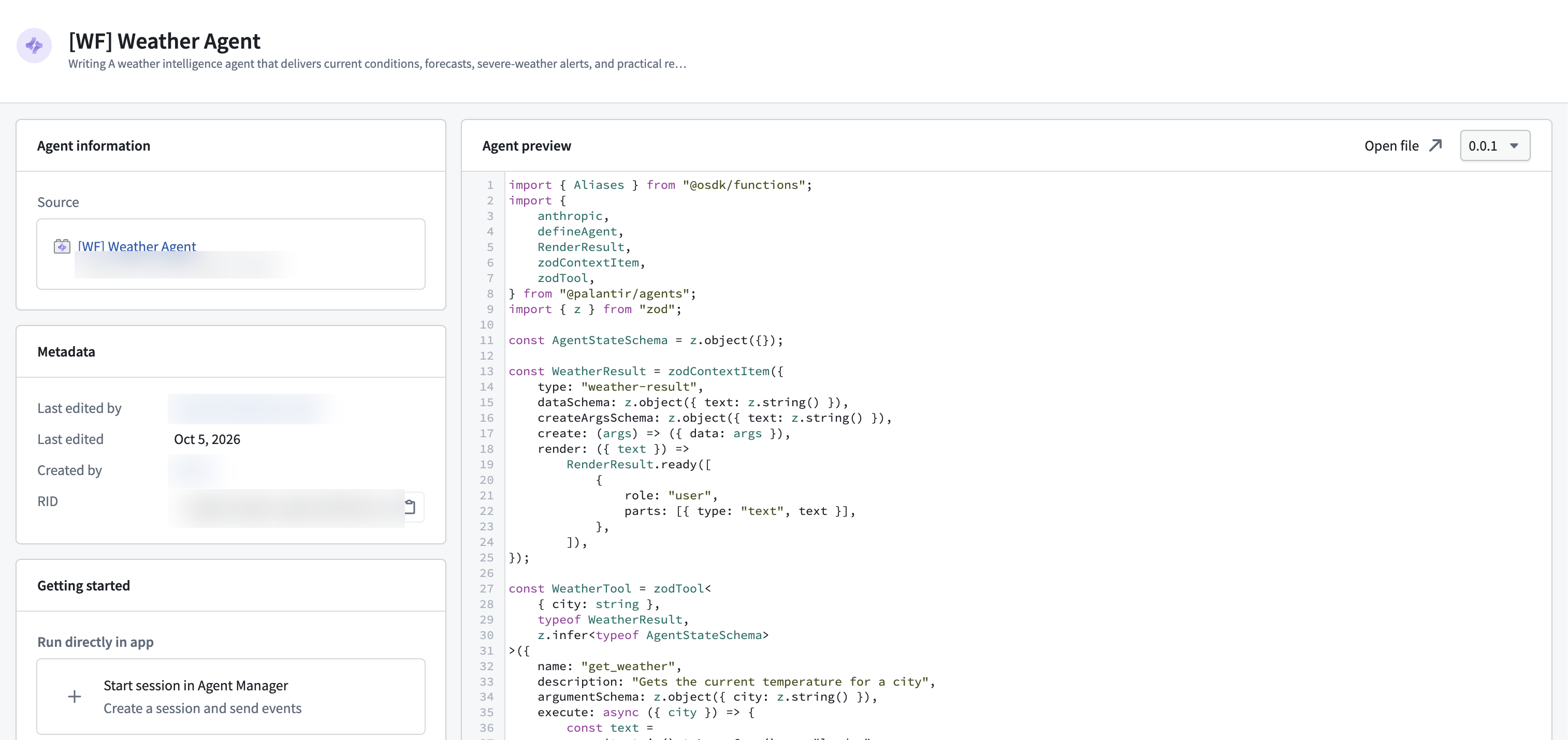 The Agent page shows agent information, metadata, an option to start a session, and a source-code preview.