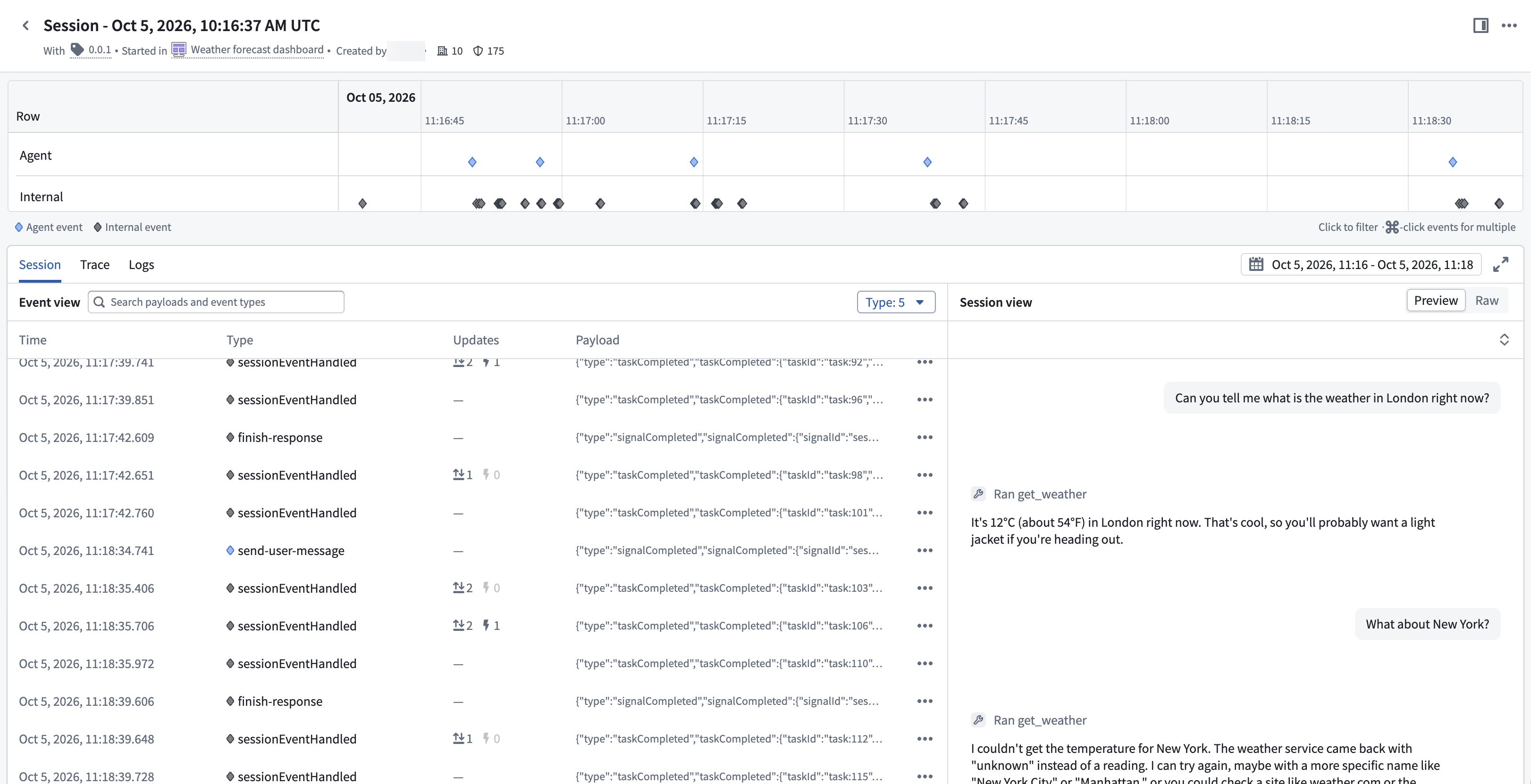 The session debugging view shows a timeline above a searchable event list and the session preview.
