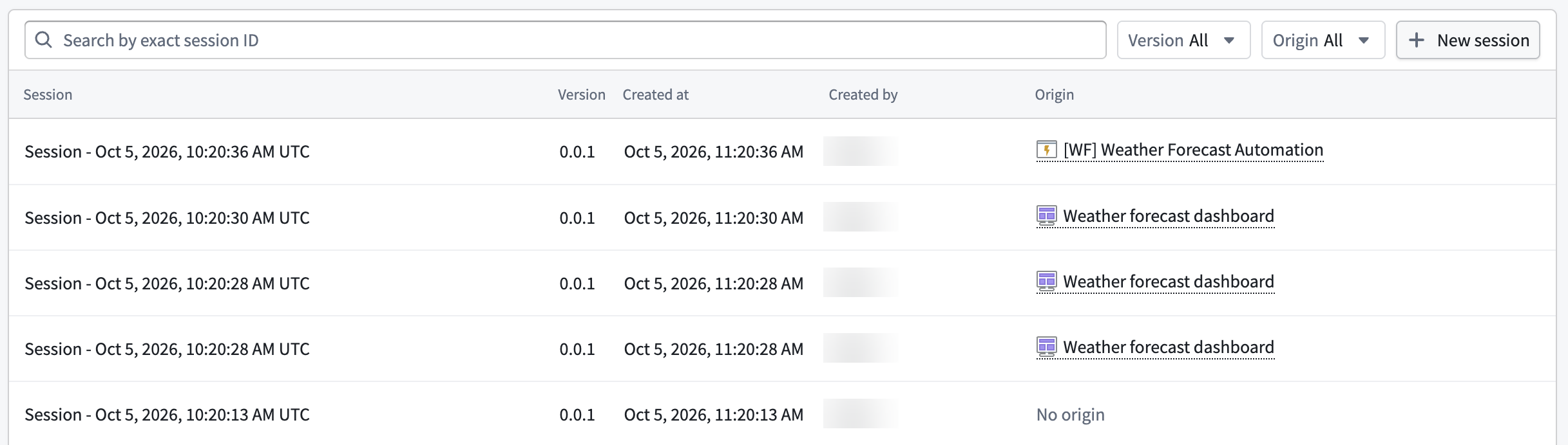 The Agent Manager sessions list shows search and filters above rows with version and origin details.