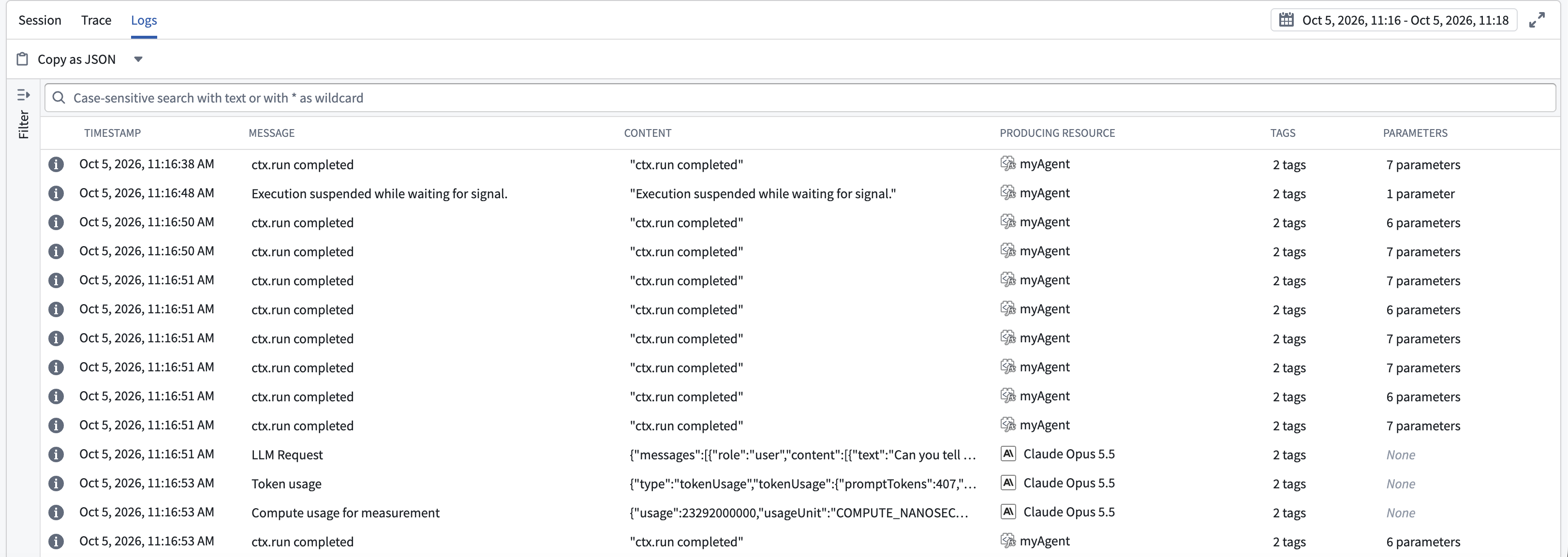 The Logs tab shows searchable service logs and their producing resources.