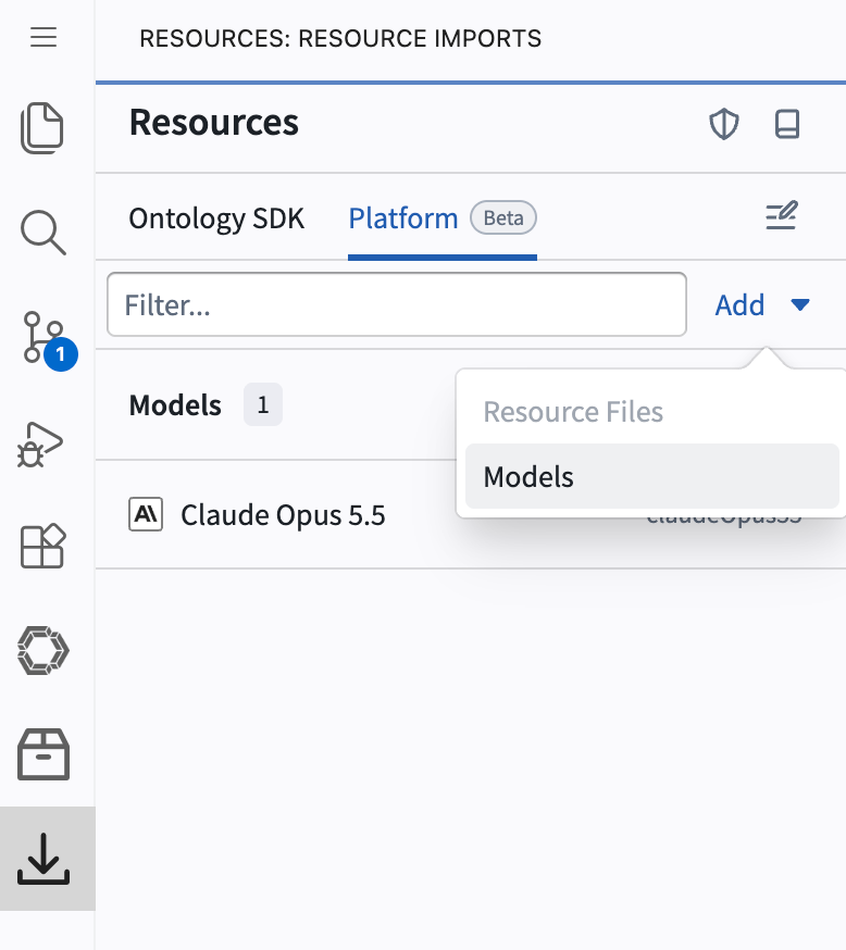 The resource imports panel shows the Models option under Add.