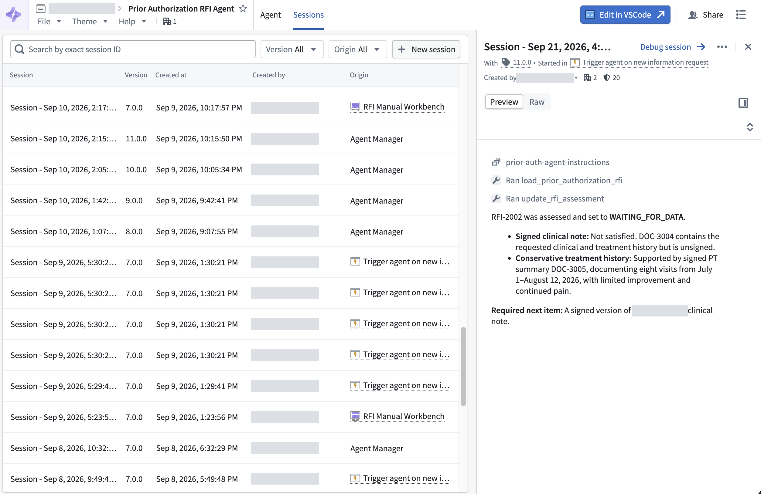 Agent Manager には、複数のアプリケーションからのセッションが、選択したセッションの詳細とともに一覧表示されます。