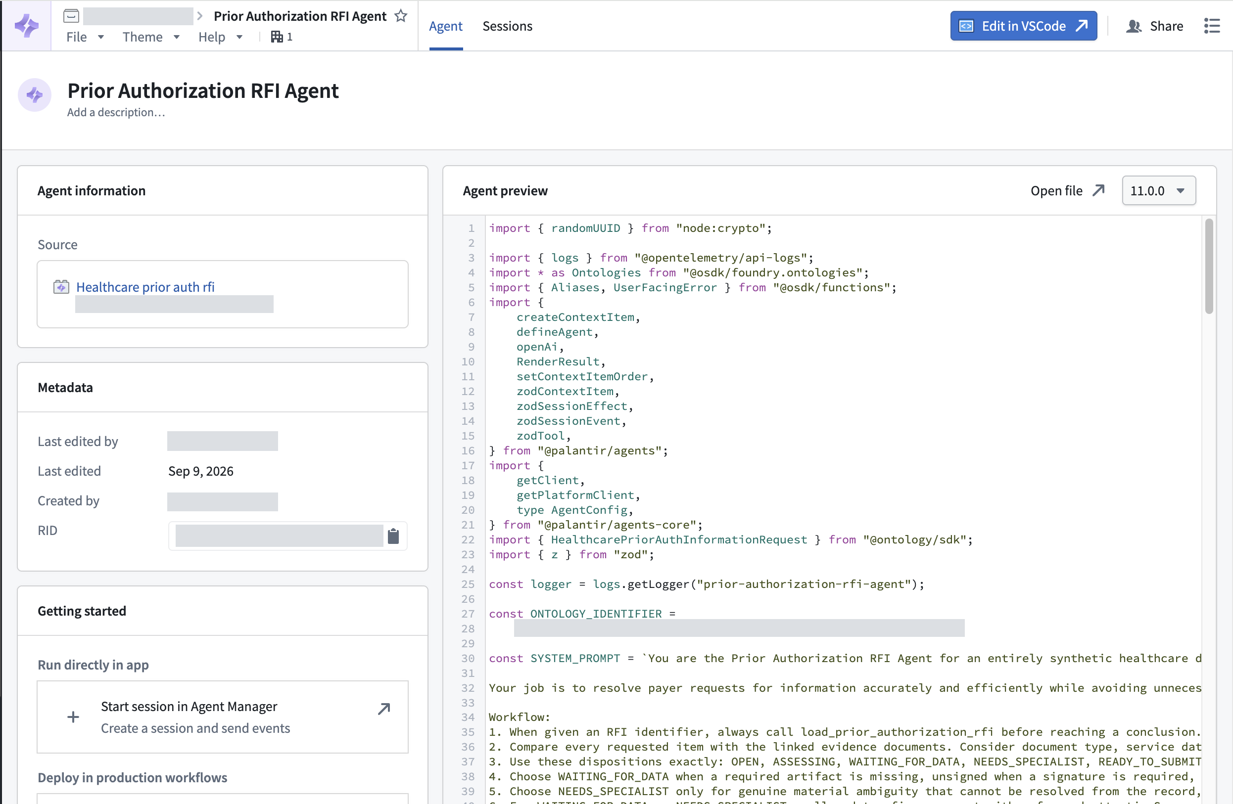 Agent Manager には、公開済みエージェントのソース、メタデータ、Agent SDK コードのプレビューが表示されます。