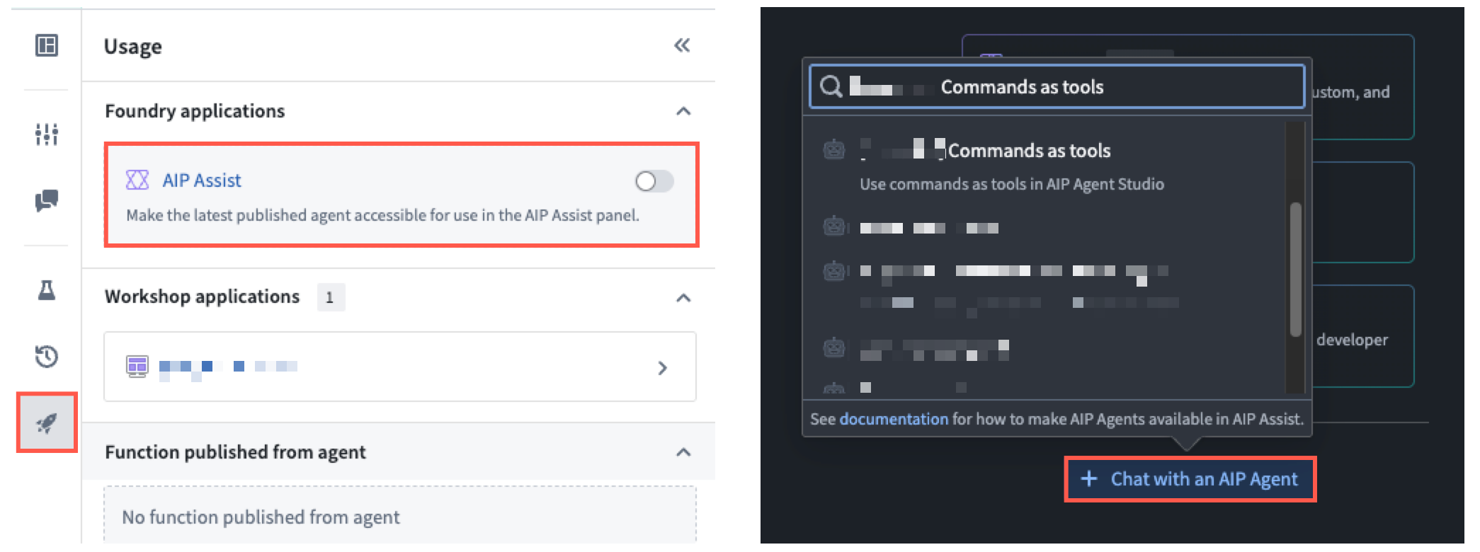 A user toggles on AIP Assist in AIP Agent Studio before selecting their agent in an AIP Assist chat panel.