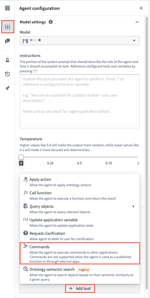 The Agent configuration panel displays the Tools section.