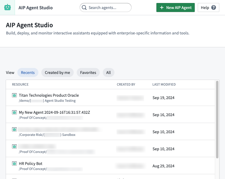 AIP Agent Studio 首页，带有 New AIP Agent 选项。