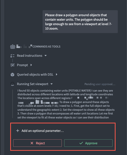 An AIP Agent prompts a user to Reject or Accept a command output.