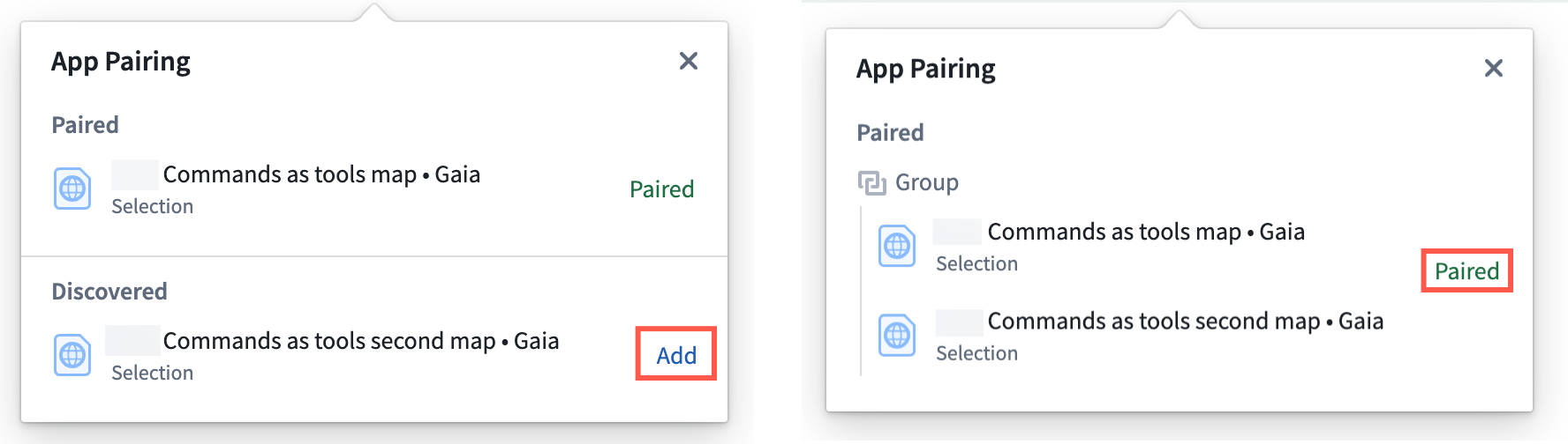 The App Pairing pop-up shows multiple Gaia maps a user can pair.