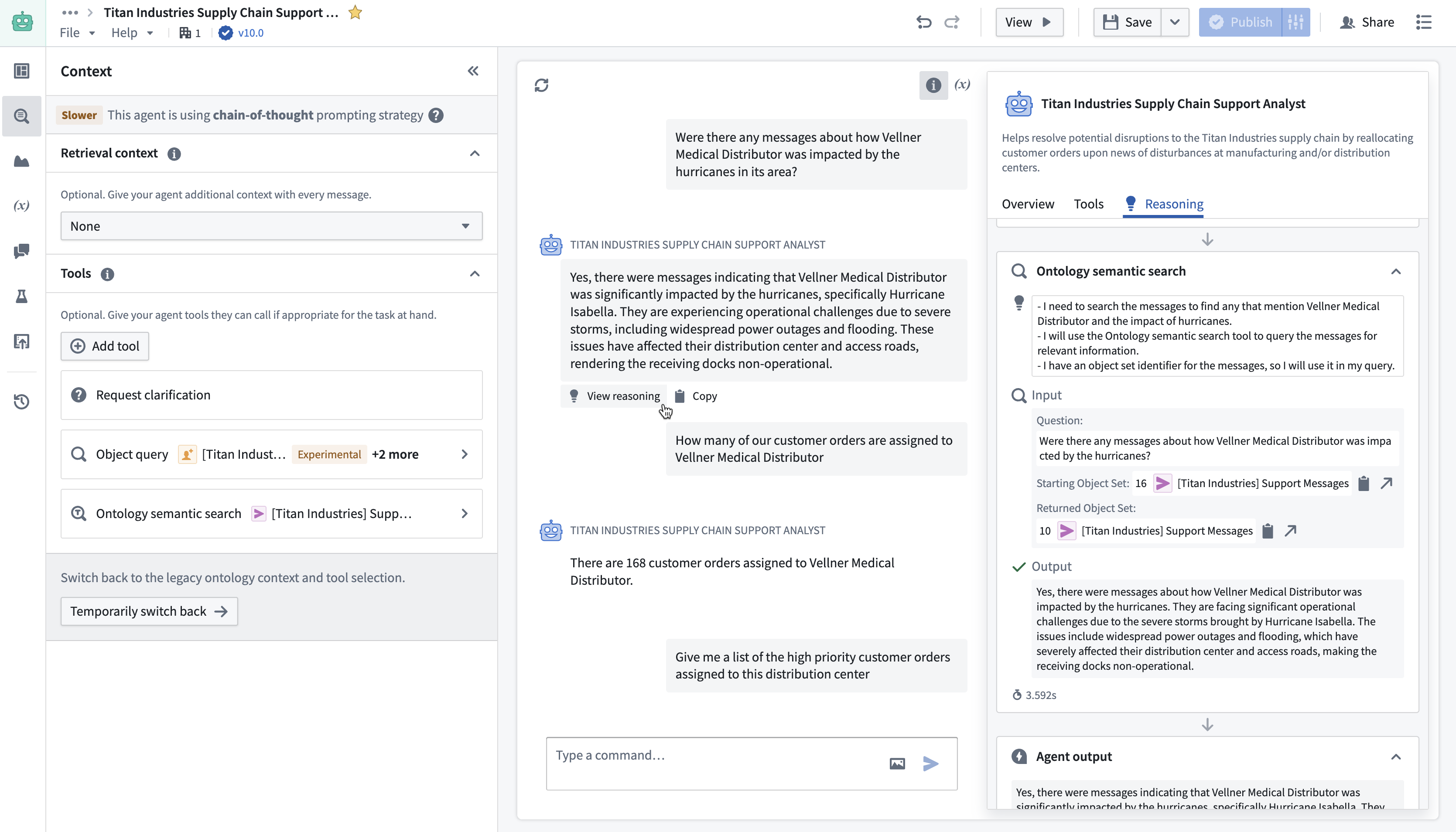 AIP Agent Studio编辑模式的截图，代理配置了一个操作、Object查询工具和Ontology语义搜索工具。