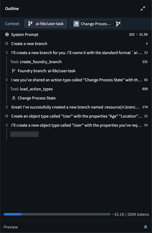 The outline panel in an AI FDE session.