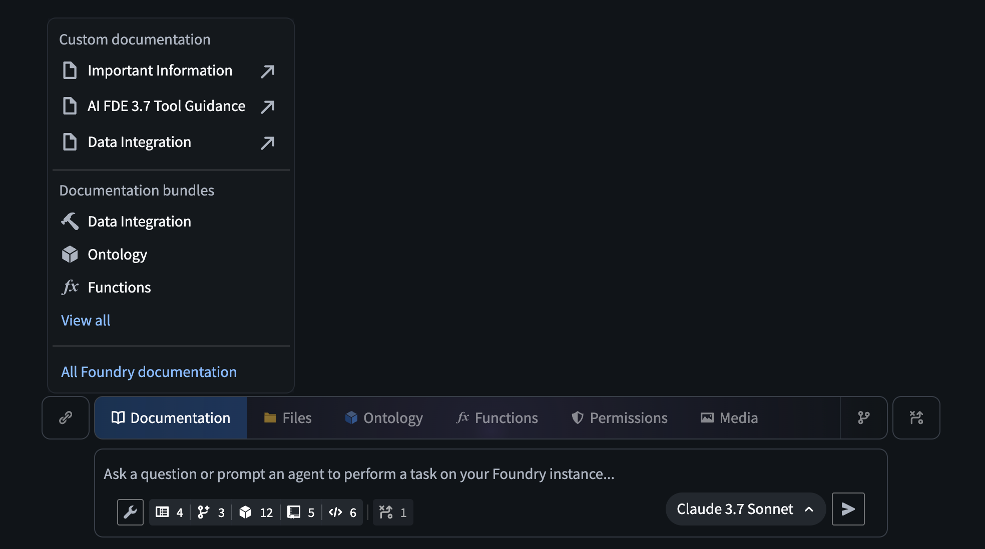 The ribbon above the AI FDE input field with the option to add documentation bundles highlighted.