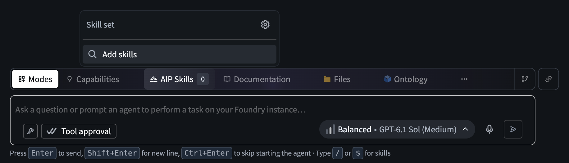 The AIP Skills menu above the input field provides an Add skills control and access to skill set settings.