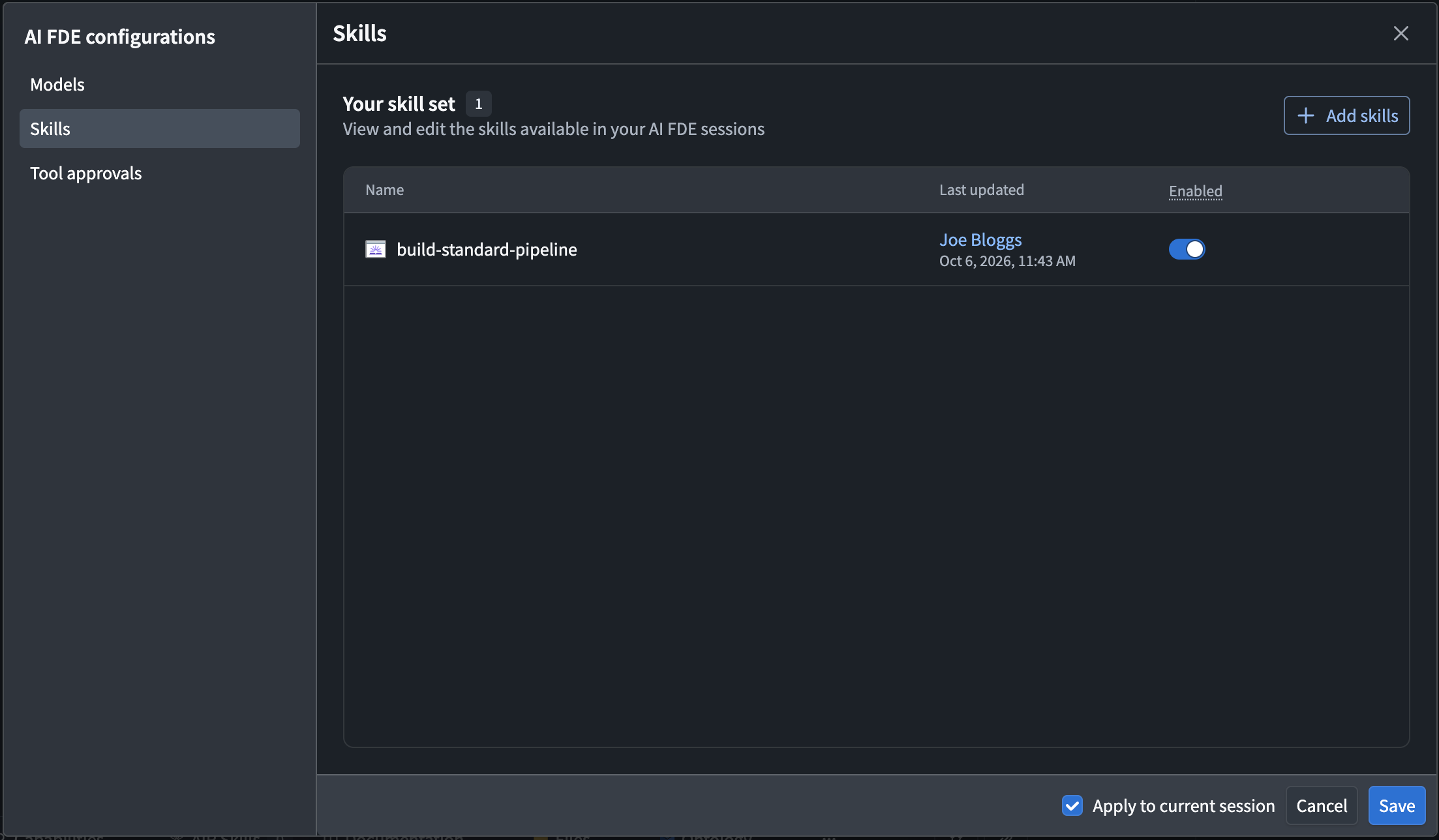 The Skills settings show a personal skill set with the build-standard-pipeline skill enabled.