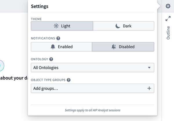 The AIP Analyst 'Settings' menu.